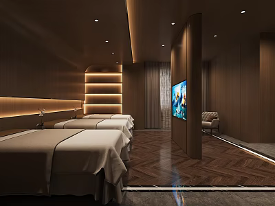 Modern SPA Sauna Room With Massage Beds Wooden Walls Warm Lighting And TV 3d model