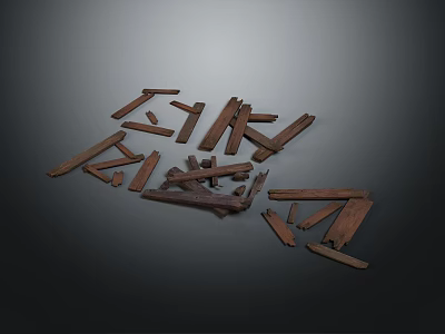 Scattered Dark Brown Wooden Structural Pieces On Dark Background 3d model