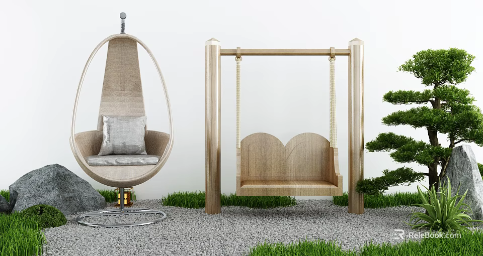 Stylish Hanging Chair In Outdoor Garden With Grass And Pine Tree 3d model 