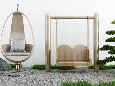 Stylish Hanging Chair In Outdoor Garden With Grass And Pine Tree 3d model