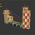 Red and white checkered towers and small building with blue windows connected by wires