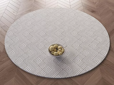 Round Rug with Geometric Pattern on Wooden Floor Featuring Bowl of Stones in Center 3d model