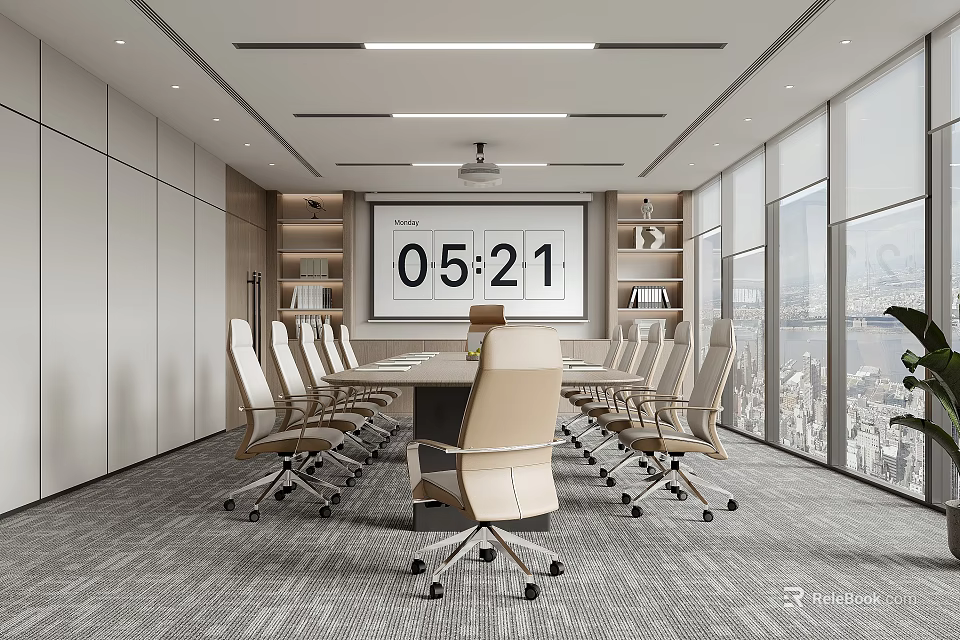 Modern Conference Room With Long Table Multiple Chairs Large Screen And City View Windows 3d model