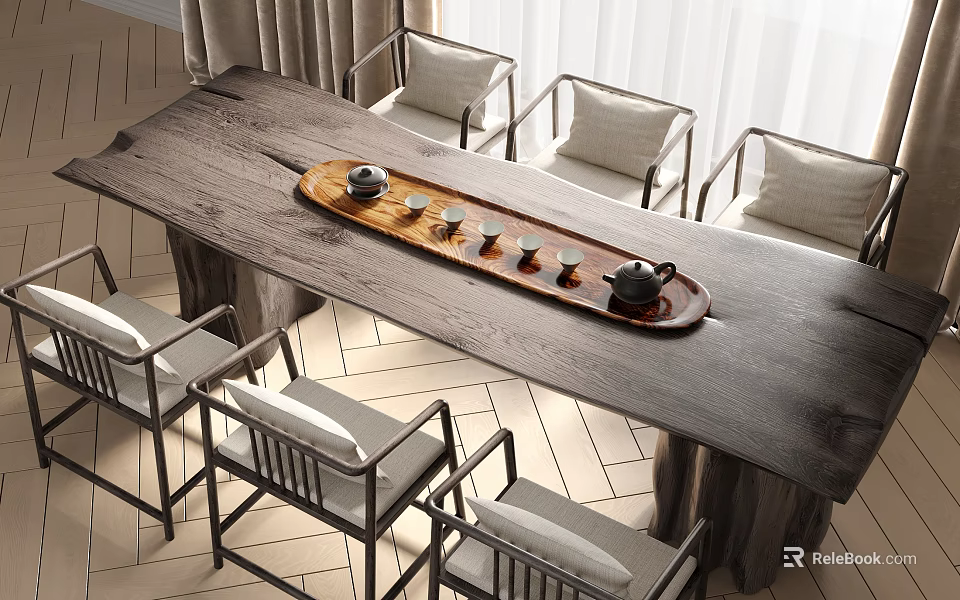 Wooden Tea Table and Chairs with Tea Tray Teapot Cups in Bright Natural Light 3d model 