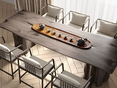 Wooden Tea Table and Chairs with Tea Tray Teapot Cups in Bright Natural Light 3d model