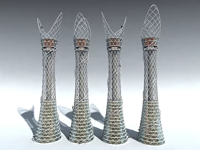Four Tower Shaped Playground Equipment Featuring Metal Mesh Top Wing Like Design And Spiral Base 3d model