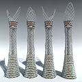 Four Tower Shaped Playground Equipment Featuring Metal Mesh Top Wing Like Design And Spiral Base
