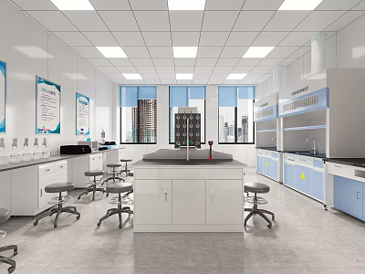 Modern Laboratory Interior With Workbench Stools Cabinets And Windows 3d model
