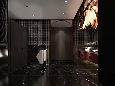 Modern Public Restroom Interior With Black Tile Walls Marble Floor Mirror And Lighting Fixtures 3d model