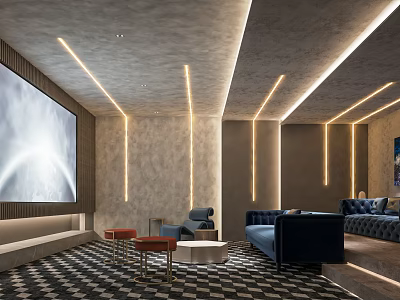 Modern Home Theater Interior With Large Screen Blue Sofas Red Stools And Checkered Flooring 3d model