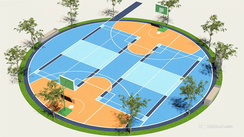 Circular Outdoor Basketball Court With Blue And Orange Surface And Surrounding Trees 3d model 