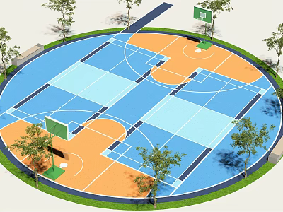 Circular Outdoor Basketball Court With Blue And Orange Surface And Surrounding Trees 3d model