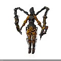 Futuristic Woman in Mechanical Armor with Multiple Cybernetic Arms and Weapons