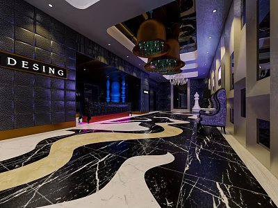 Luxurious KTV Corridor Interior Design With Modern Marble Floor And Chandelier 3d model