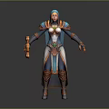 Hooded Female Warrior In Blue And Orange Armor Holding Orange Weapon With Green Gem