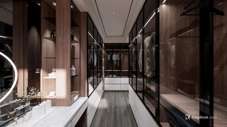 Modern Closet Interior Design With Wooden Cabinets Glass Doors And Lighting 3d model 