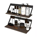 Elegant Perfume And Cosmetics Display On Black Two Tiered Shelf With Bottles And Jars