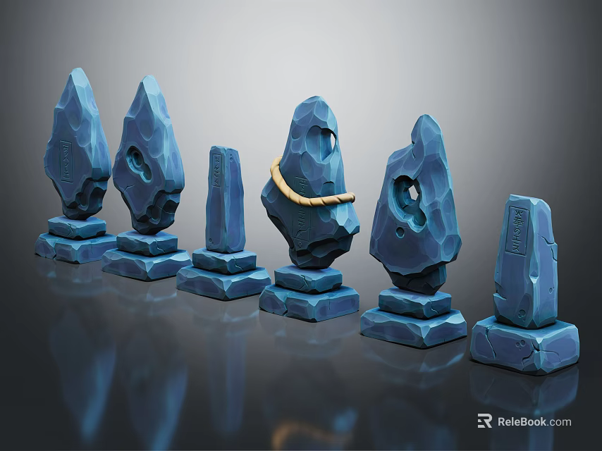 Blue Decorative Stone Sculptures With Various Shapes Holes Carvings And Golden Rope On Pedestals 3d model 