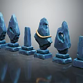 Blue Decorative Stone Sculptures With Various Shapes Holes Carvings And Golden Rope On Pedestals