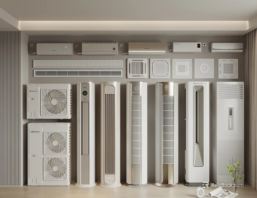 Various Types of Air Conditioners and Fans Including Wall Mounted and Floor Standing Models 3d model 