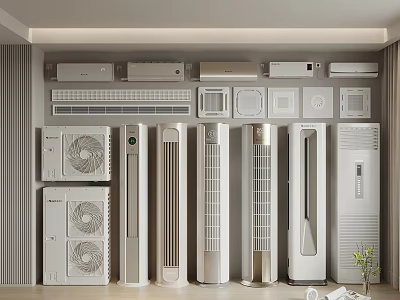 Various Types of Air Conditioners and Fans Including Wall Mounted and Floor Standing Models 3d model