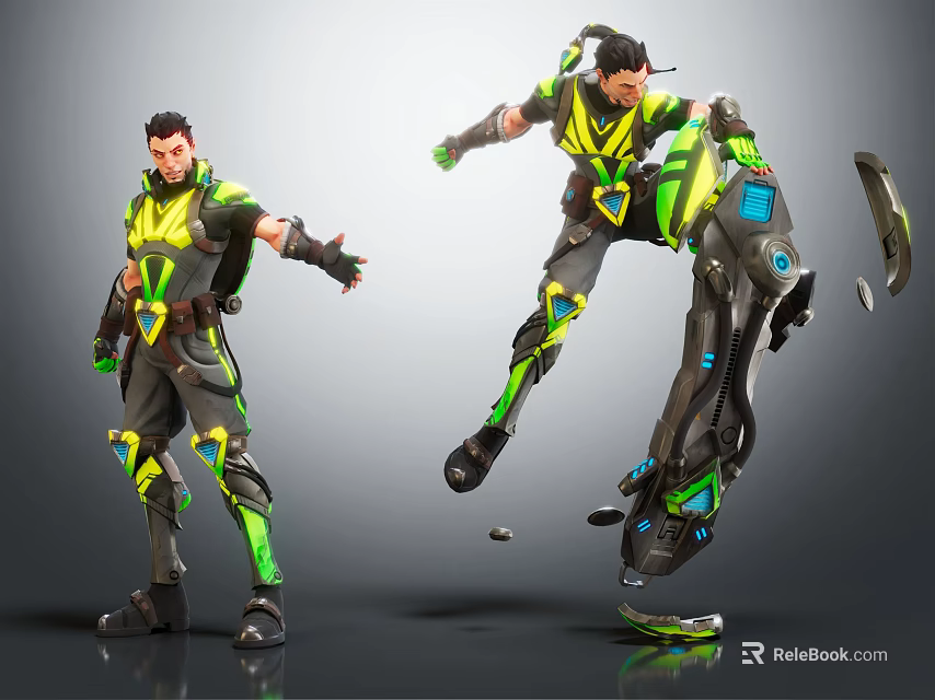 Futuristic Characters In Neon Green Yellow Outfits With Mechanical Gear And Dynamic Hovering Poses 3d model 