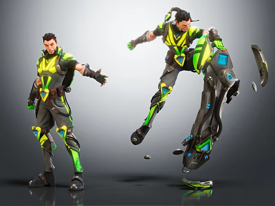 Futuristic Characters In Neon Green Yellow Outfits With Mechanical Gear And Dynamic Hovering Poses 3d model