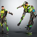 Futuristic Characters In Neon Green Yellow Outfits With Mechanical Gear And Dynamic Hovering Poses