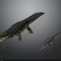 Green Crocodile with Open Mouth and Small Lizard with Long Tongue on Gray Background