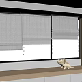 White Roller Blinds Covering Window With Mountain View And Wooden Windowsill Toy Dinosaur
