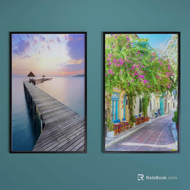 Seaside Wooden Pier Sunset Sky And Street Green Plants Purple Flowers Blue Doors Landscape Paintings 3d model 