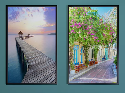 Seaside Wooden Pier Sunset Sky And Street Green Plants Purple Flowers Blue Doors Landscape Paintings 3d model