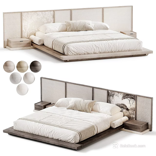 Elegant Modern Double Bed With Wooden Frame Upholstered Headboard And Nightstands 3d model 