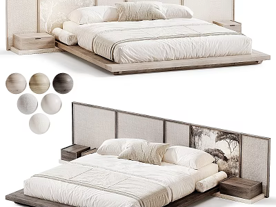 Elegant Modern Double Bed With Wooden Frame Upholstered Headboard And Nightstands 3d model