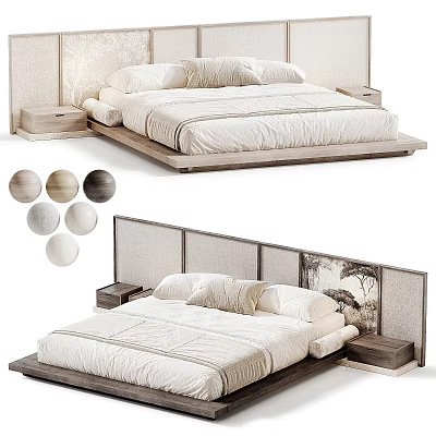 Elegant Modern Double Bed With Wooden Frame Upholstered Headboard And Nightstands 3d model