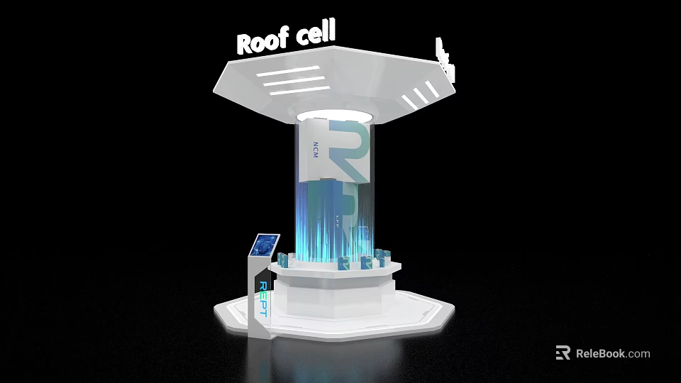 Modern Roof Cell Display Island With Tech Design Blue Light Beams And Display Screen 3d model 