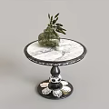 Round Marble Top Coffee Table with Black Decorative Base and Greenery Vase 3d model