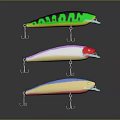 Three Different Colored Fishing Lures With Striped Patterns And Metal Hooks