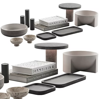Modern Home Tabletop Decorative Ornament Set With Bowls Trays Books And Cylindrical Decor 3d model