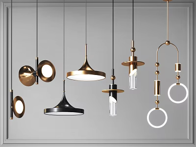 Modern Pendant Lights With Gold Black White Designs And Circular Conical Ring Shapes 3d model