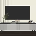 Sleek Modern TV Stand with Vertical Slats Metal Legs Vase Books and Wall Mounted TV