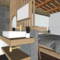 Minimalist Japanese Hotel Guest Room With Wooden Platform Bed Bamboo Partition And Round Mirror