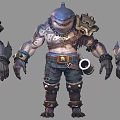 Shark Themed Doll With Muscular Design Metal Armor Chain Details And Hook Weapon