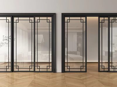 Modern Sliding Doors With Black Frames Chinese Style Lattice Transparent Glass And Wooden Flooring In Interior Space 3d model