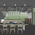 Modern Lounge Area Interior Design With Long Table Green Plants And Orange Seats