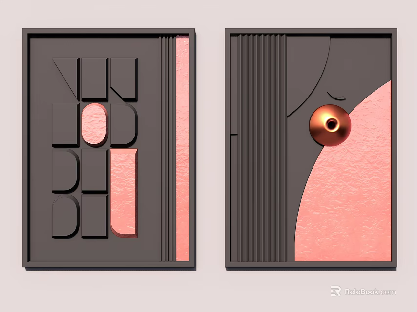 Modern Geometric Wall Art with Black Frames Pink Accents and Copper Decor 3d model 