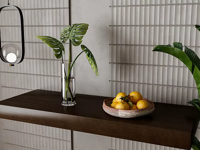 Glass Vase with Monstera Leaves on Wooden Shelf with Lemon Bowl and White Grid Wall 3d model