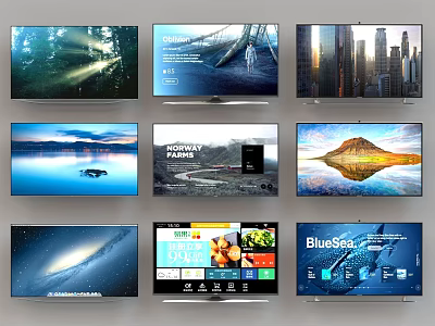 Multiple Televisions Displaying Various Scenes Including Nature Landscapes City Views And App Interfaces 3d model