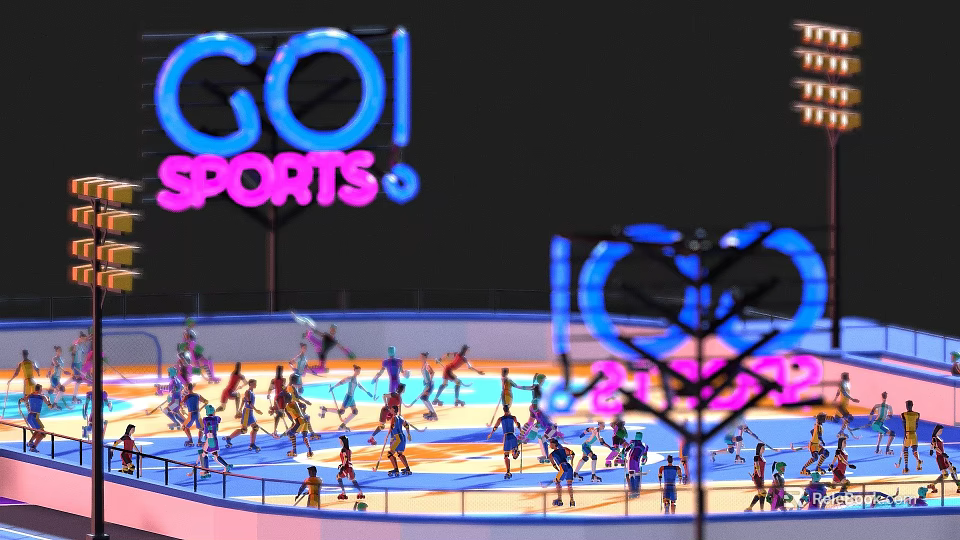 People Playing Sports In Arena With Bright GO SPORTS Sign And Active Athletes 3d model 