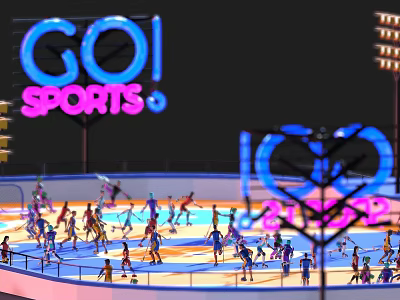 People Playing Sports In Arena With Bright GO SPORTS Sign And Active Athletes 3d model